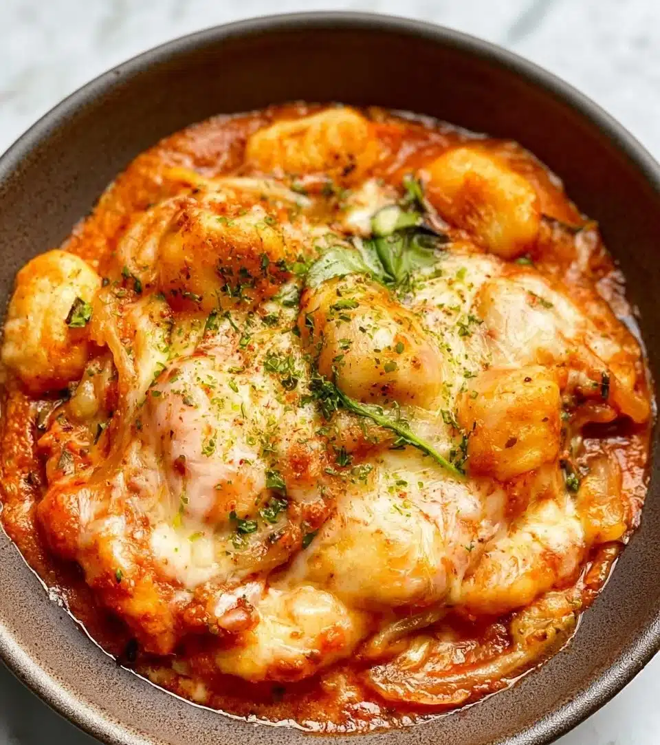 Plate of baked gnocchi topped with melted cheese and herbs