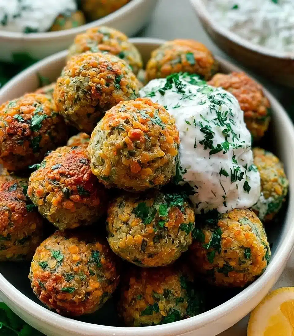 Baked Greek lentil meatballs garnished with tzatziki sauce on a plate.