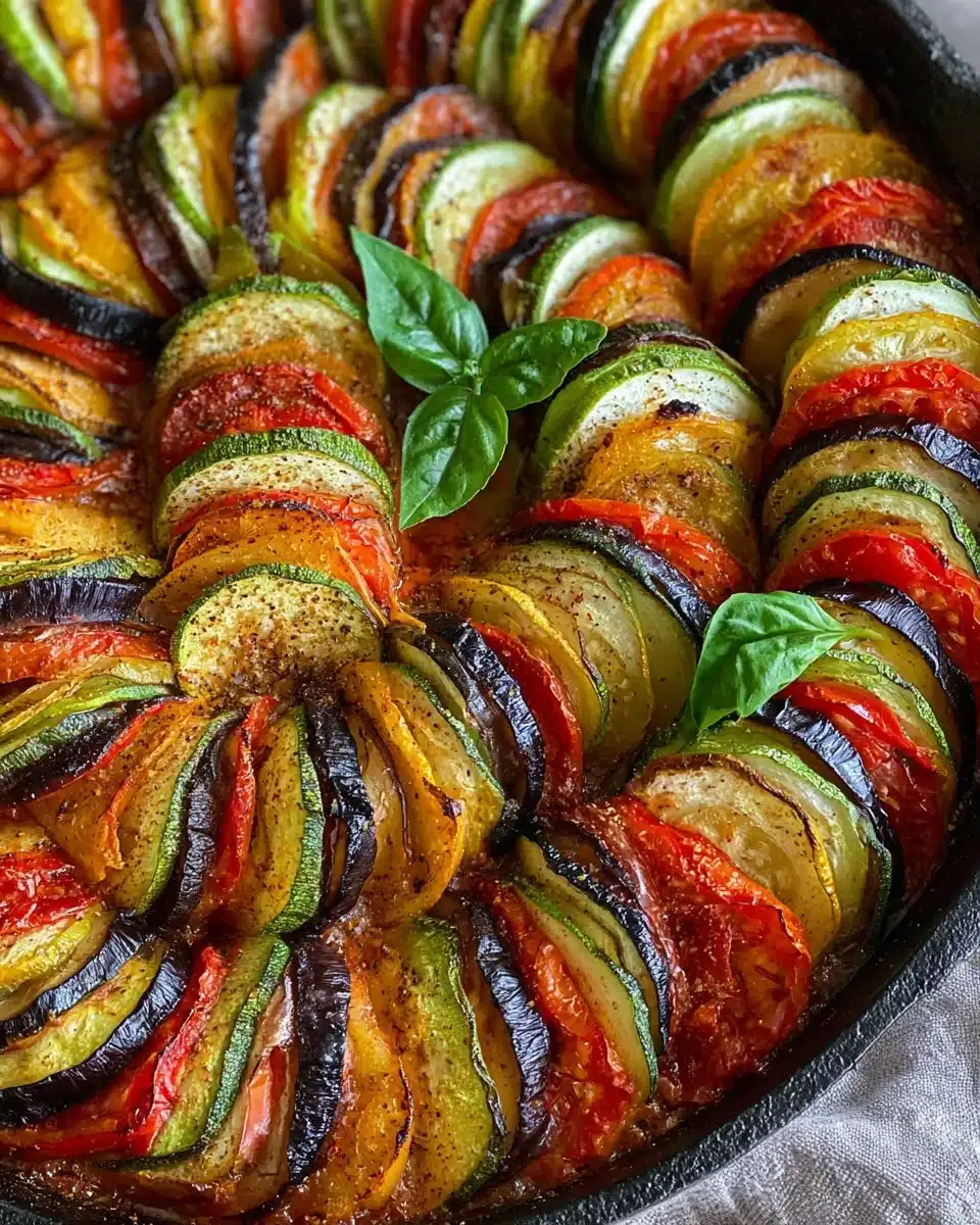 Colorful baked ratatouille featuring layers of fresh vegetables and herbs
