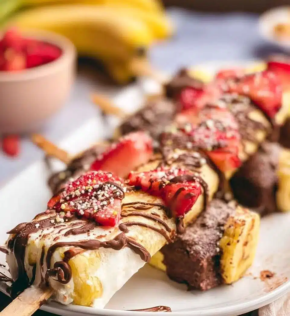 Colorful Banana Split Kabobs with fruit and chocolate drizzle on skewers