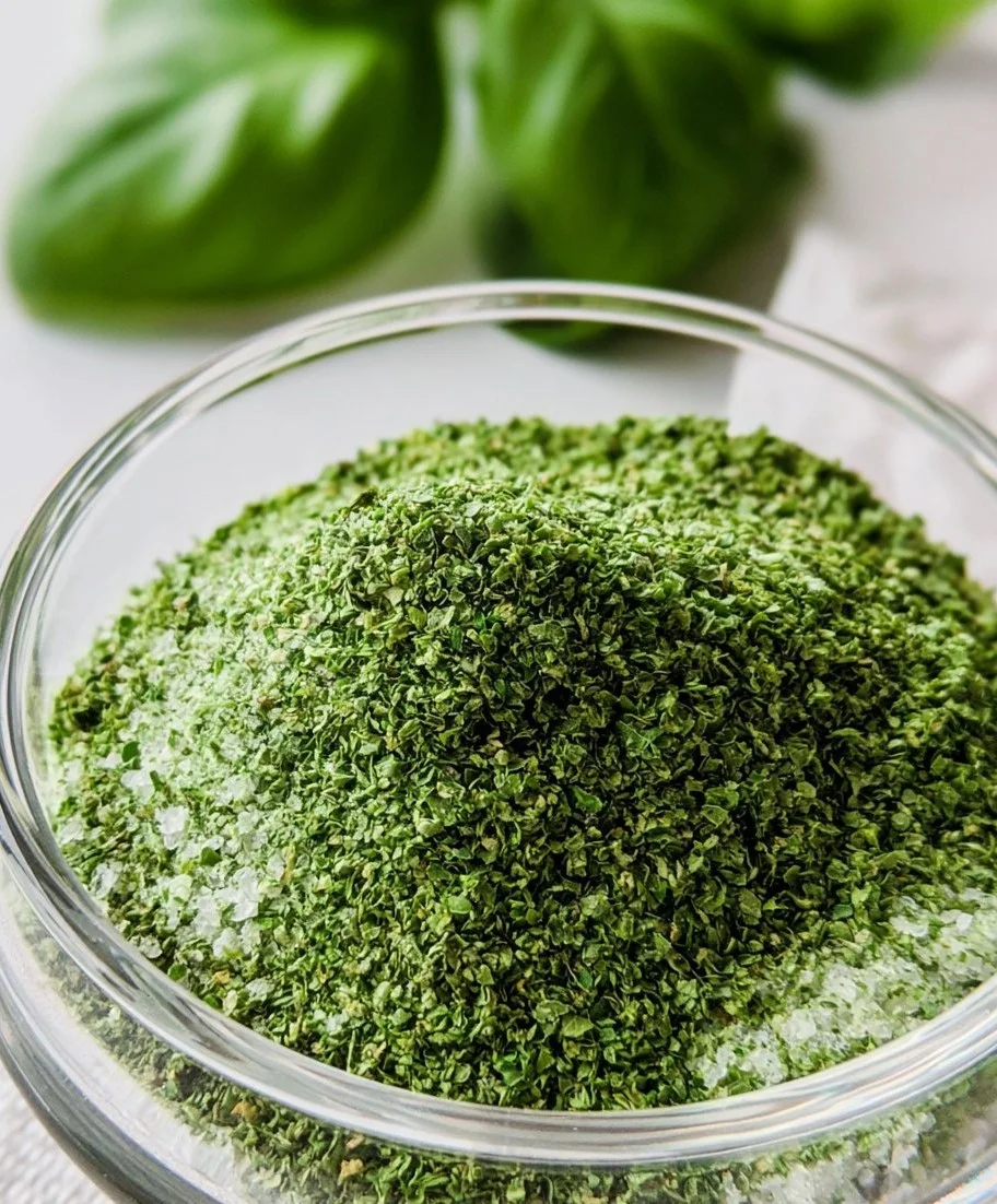 Basil salt seasoning for enhancing flavor in dishes and cooking