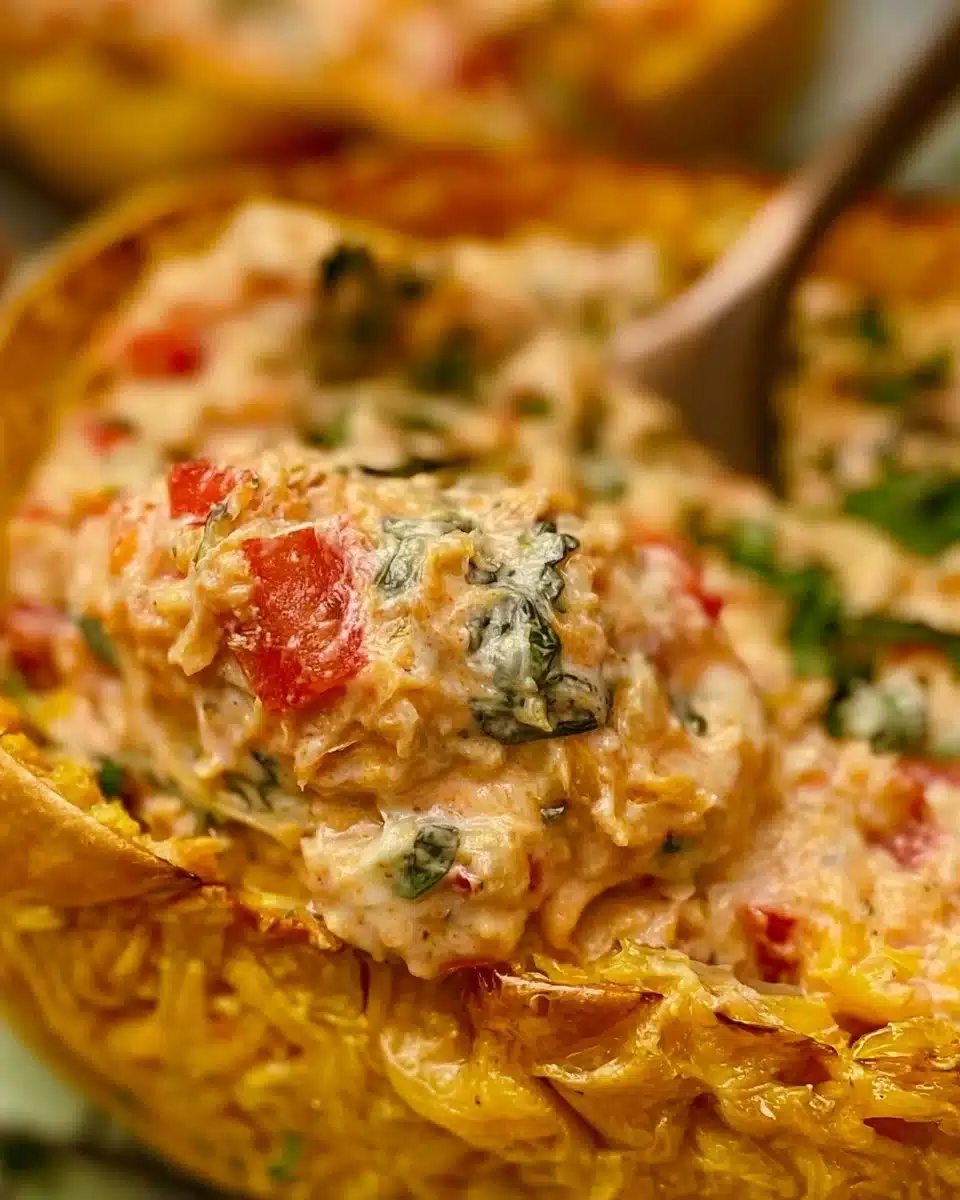 Creamy Boursin Spaghetti Squash served with fresh herbs and Parmesan cheese.