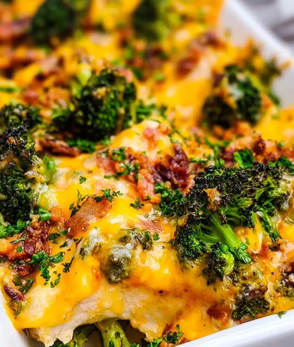 Delicious Broccoli Bacon Cheddar Chicken dish with crispy bacon and melted cheese.