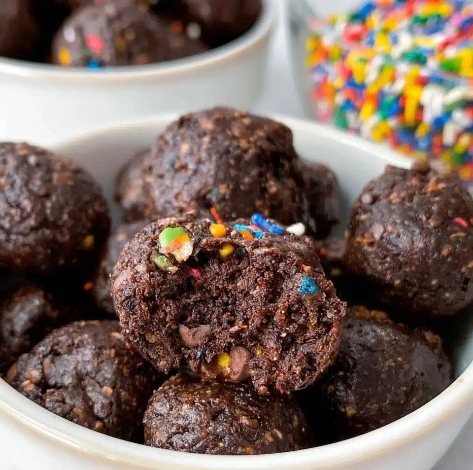 Homemade brownie bites on a white plate topped with chocolate drizzle.