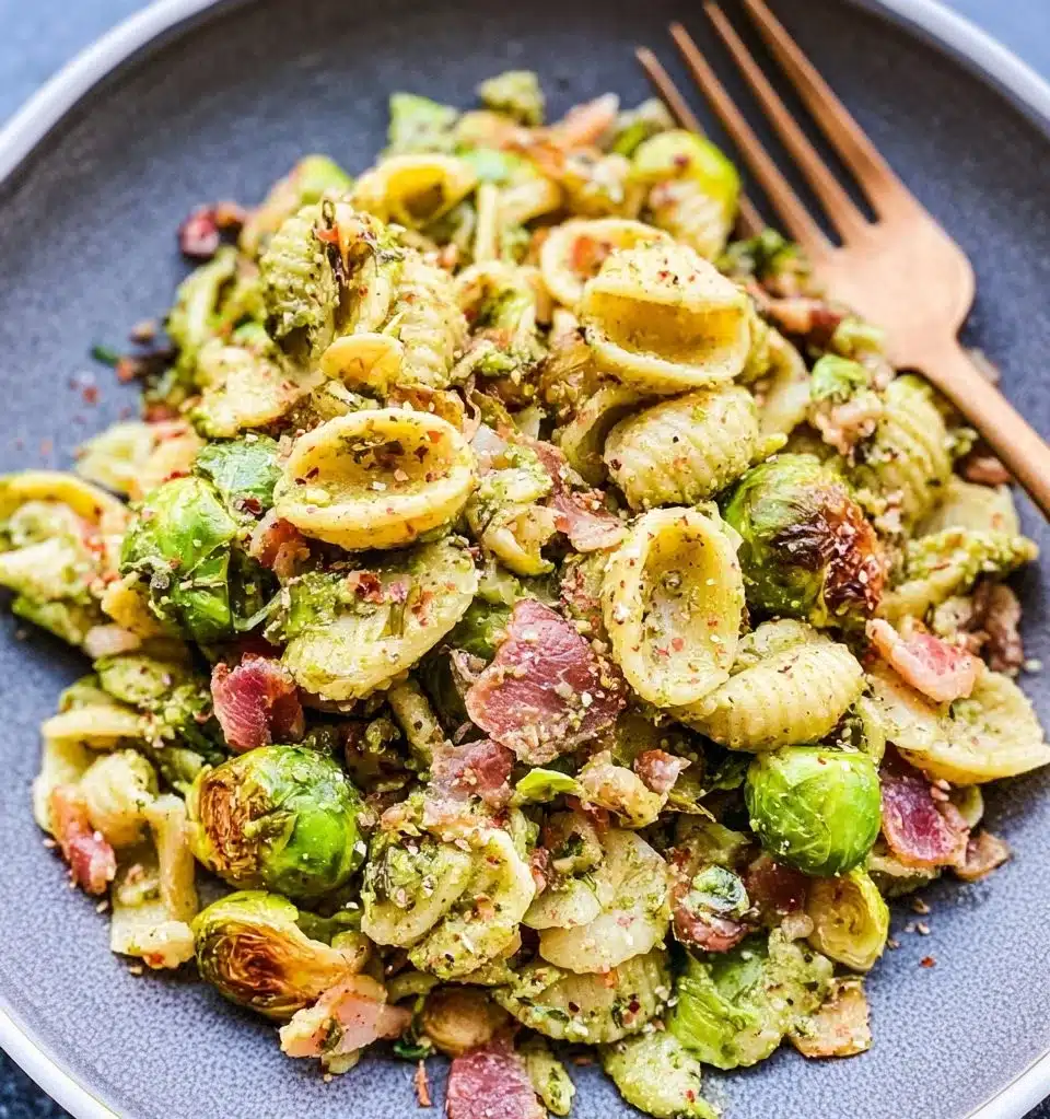 Brussels sprouts and bacon pesto pasta in a bowl garnished with herbs