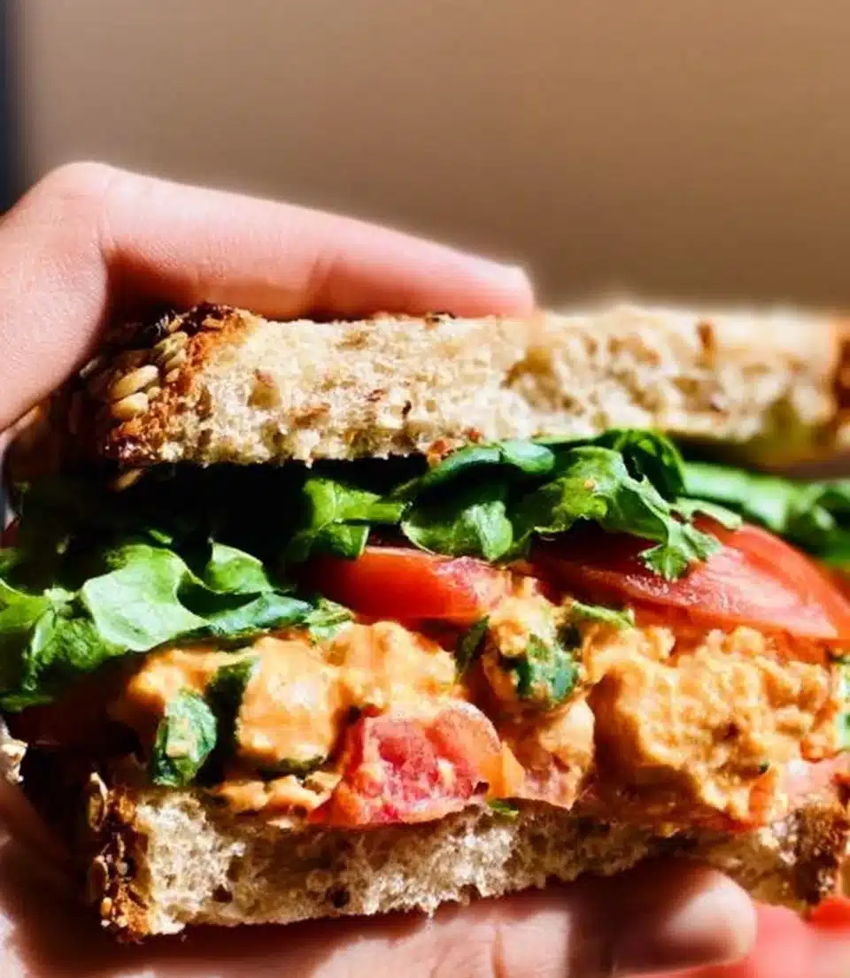 Buffalo Chickpea Salad Sandwich served on whole grain bread with fresh veggies