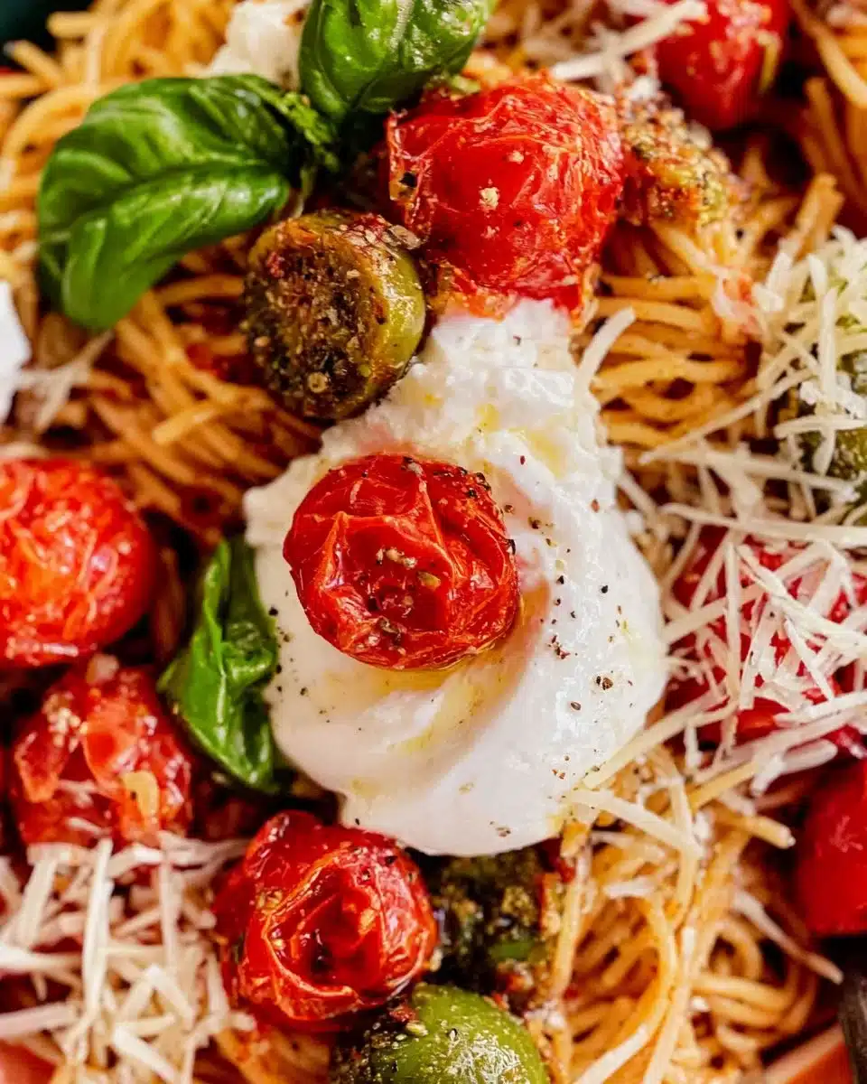 Delicious bowl of Burrata Pasta with fresh herbs and olive oil