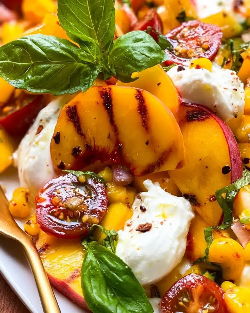 Burrata Peach Salad with fresh ingredients on a white plate