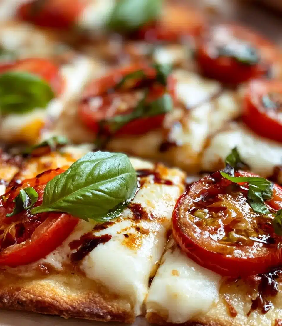 Delicious Caprese Flatbread Pizza with fresh mozzarella and basil.