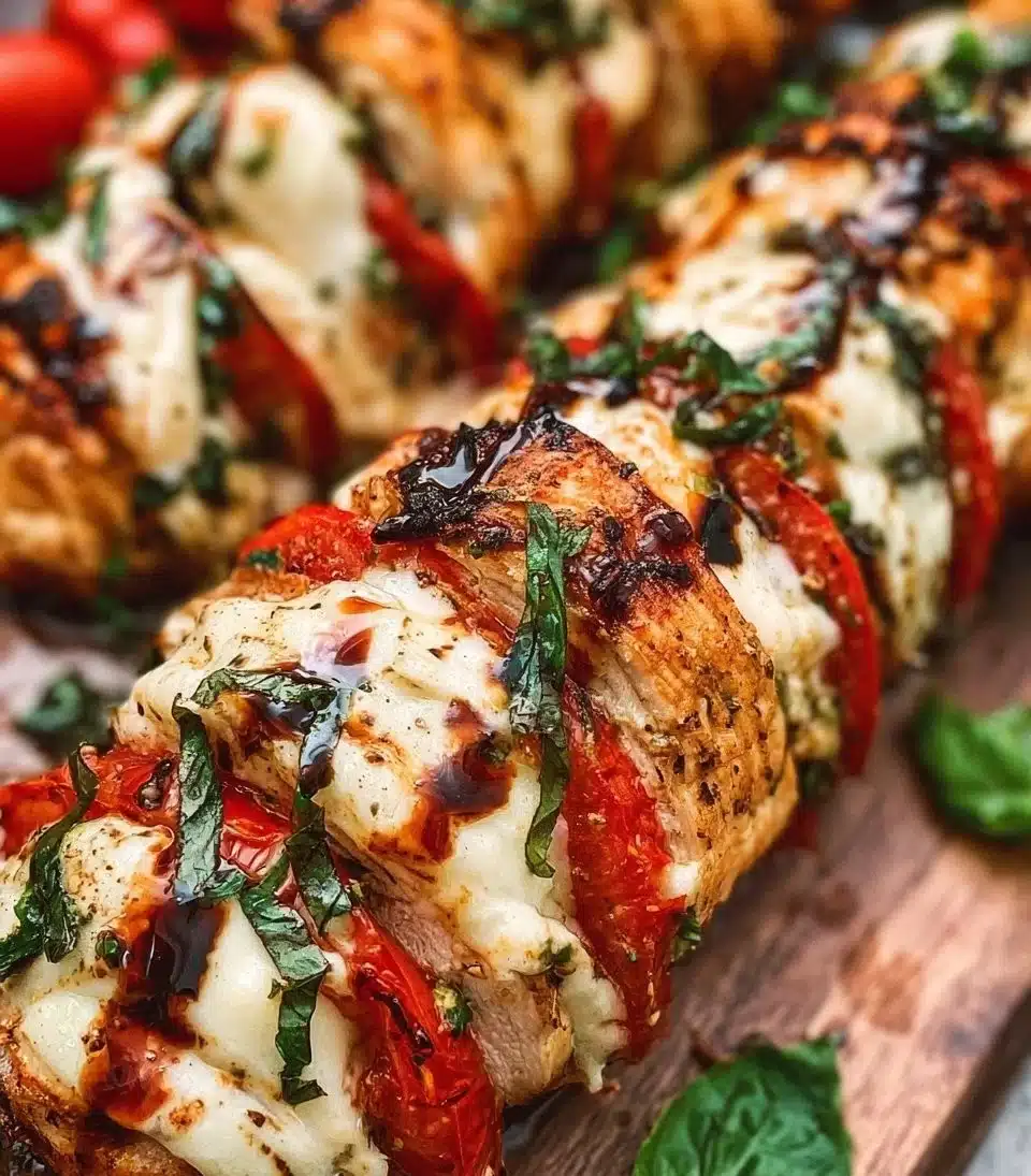 Delicious Caprese Stuffed Chicken with mozzarella and basil on a plate