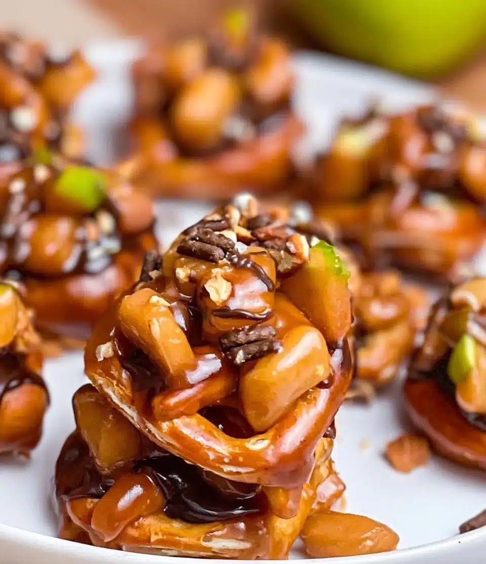 Caramel Apple Pretzel Bites topped with caramel and apple pieces