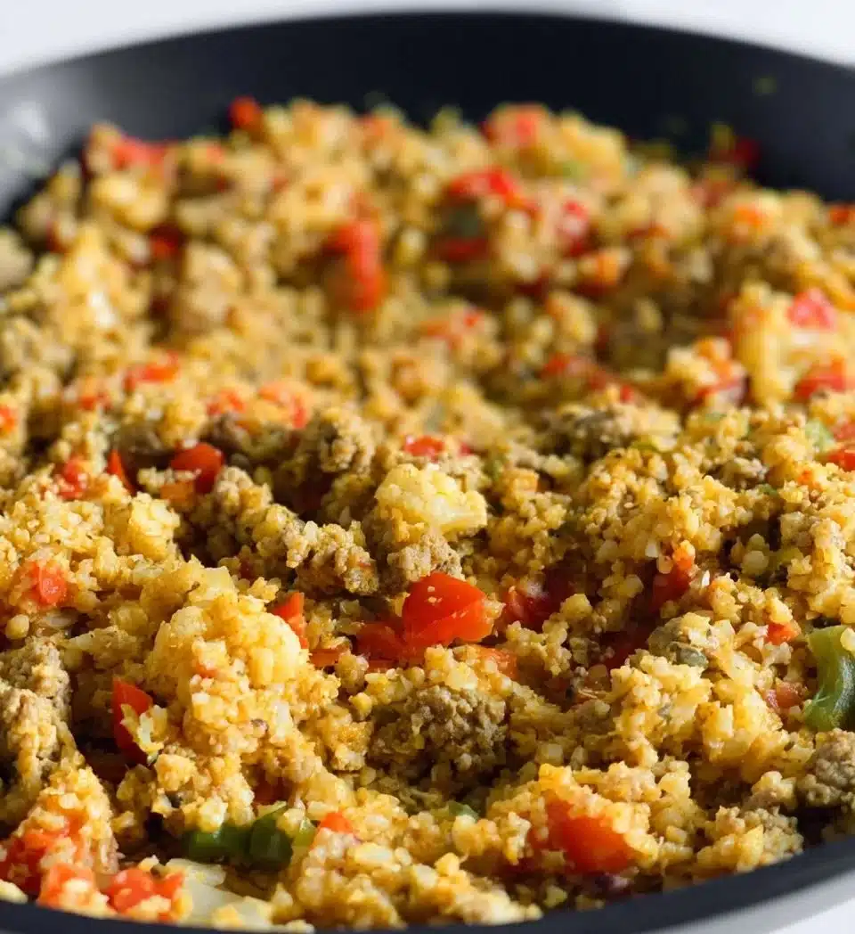 Delicious plate of cauliflower rice with seasoned ground turkey