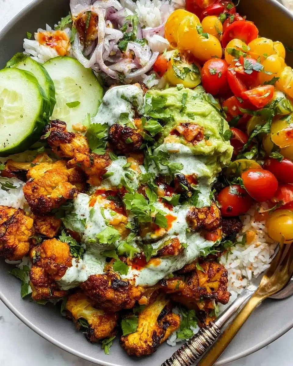 Flavorful cauliflower shawarma bowl with fresh vegetables and tahini sauce