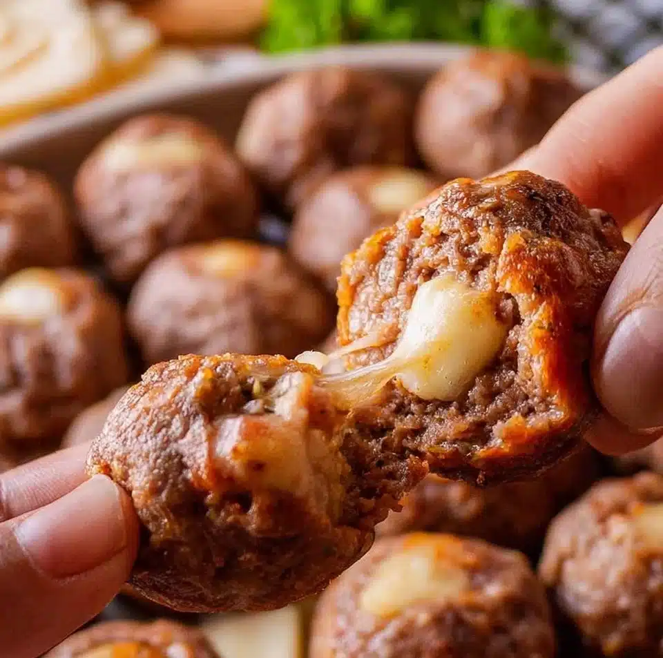 Cheese stuffed meatballs served on a plate with marinara sauce