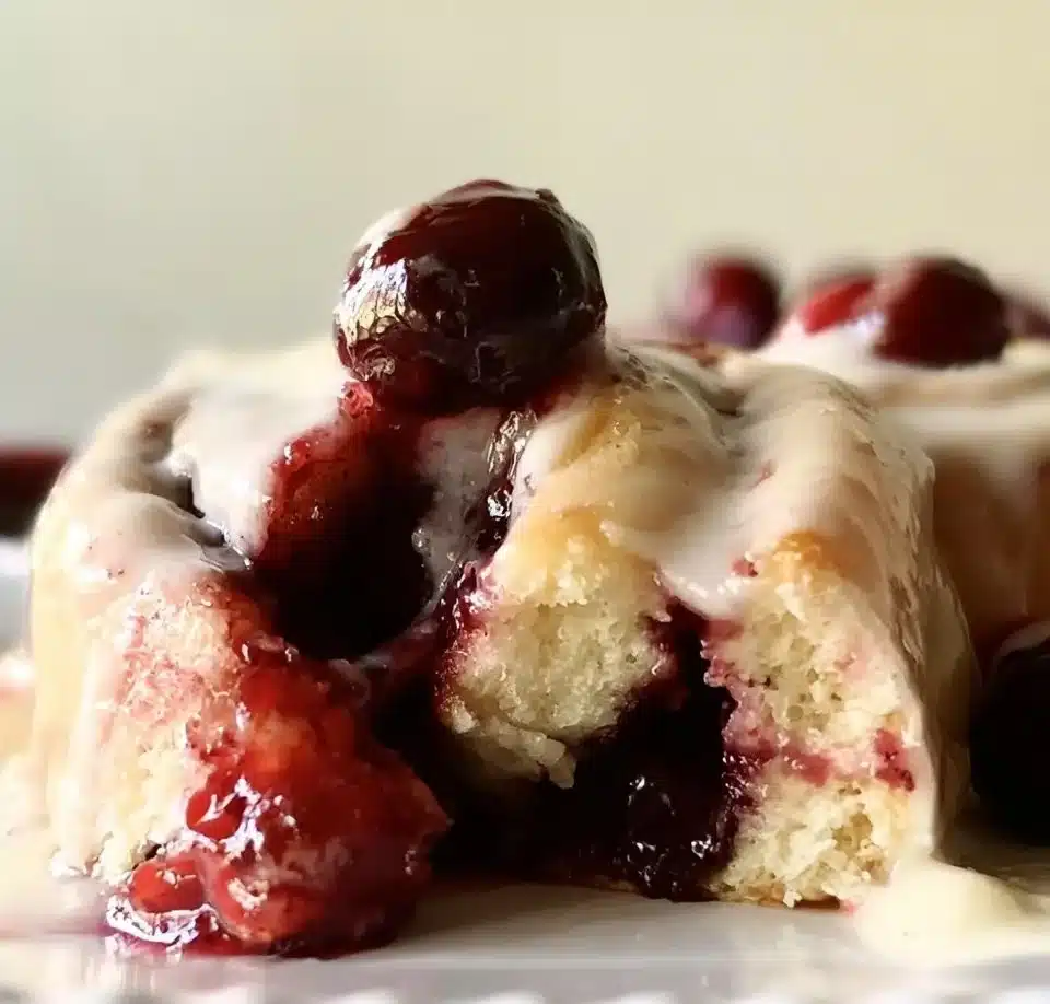 Freshly baked cherry cinnamon rolls topped with sweet icing