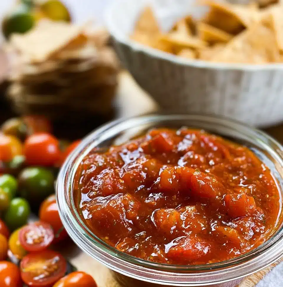 Delicious cherry tomato salsa in a bowl, garnished and ready to serve.