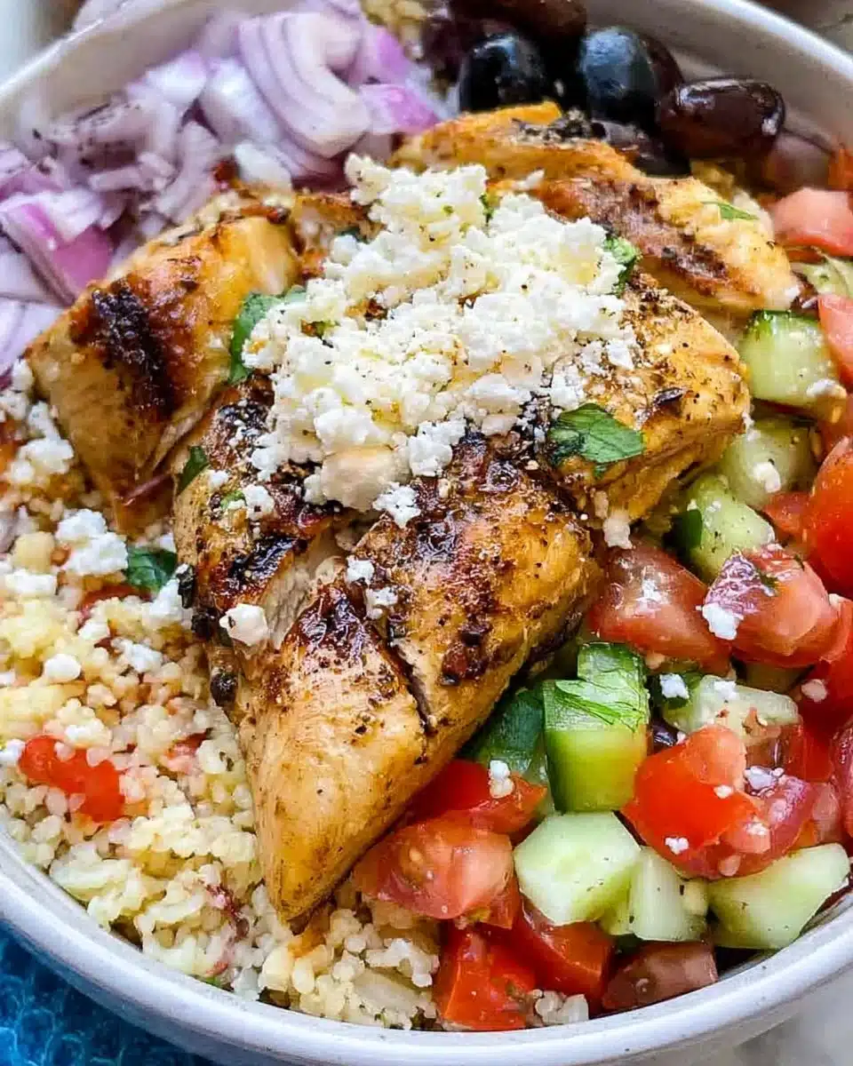 A vibrant Chicken Bowl featuring grilled chicken, fresh vegetables, and savory sauces.