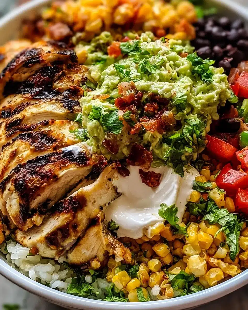 Delicious chicken burrito bowl with rice, beans, and fresh toppings