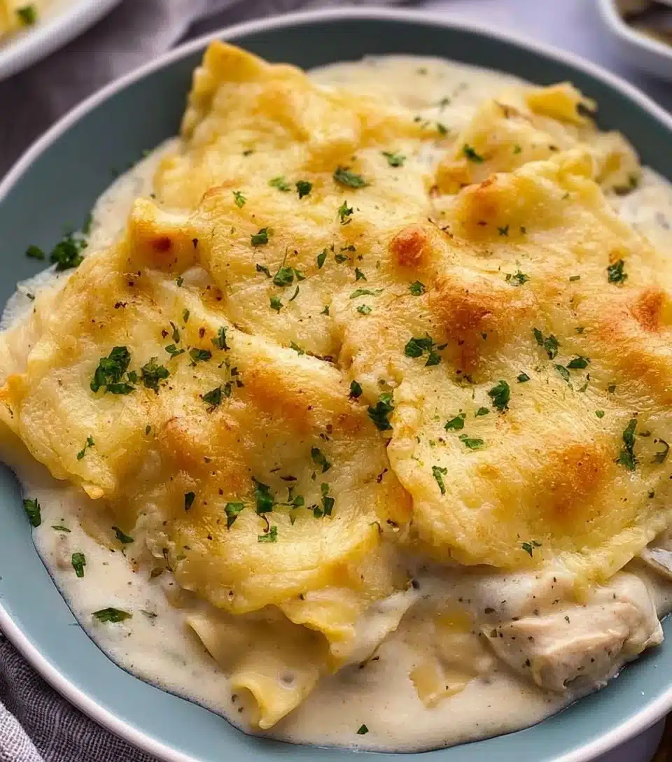 Delicious chicken lasagna served on a plate with herbs and cheese