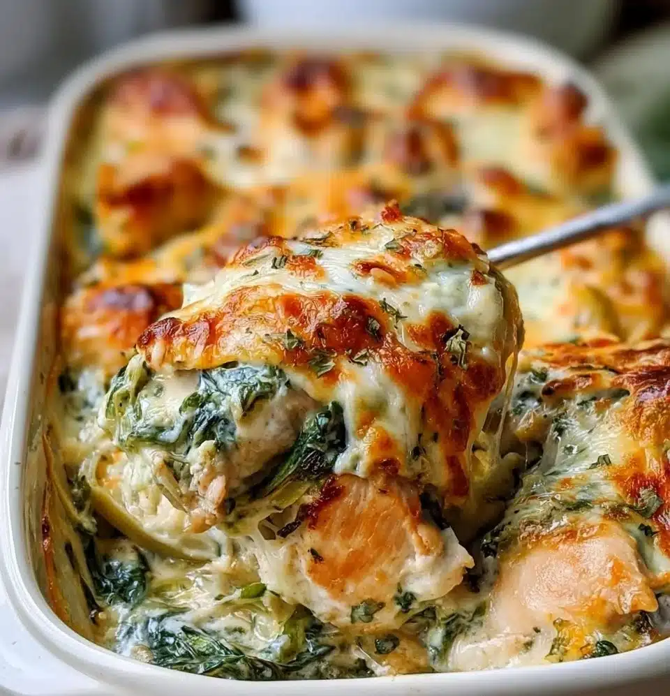 Delicious Chicken Spinach Artichoke Casserole topped with cheese and herbs