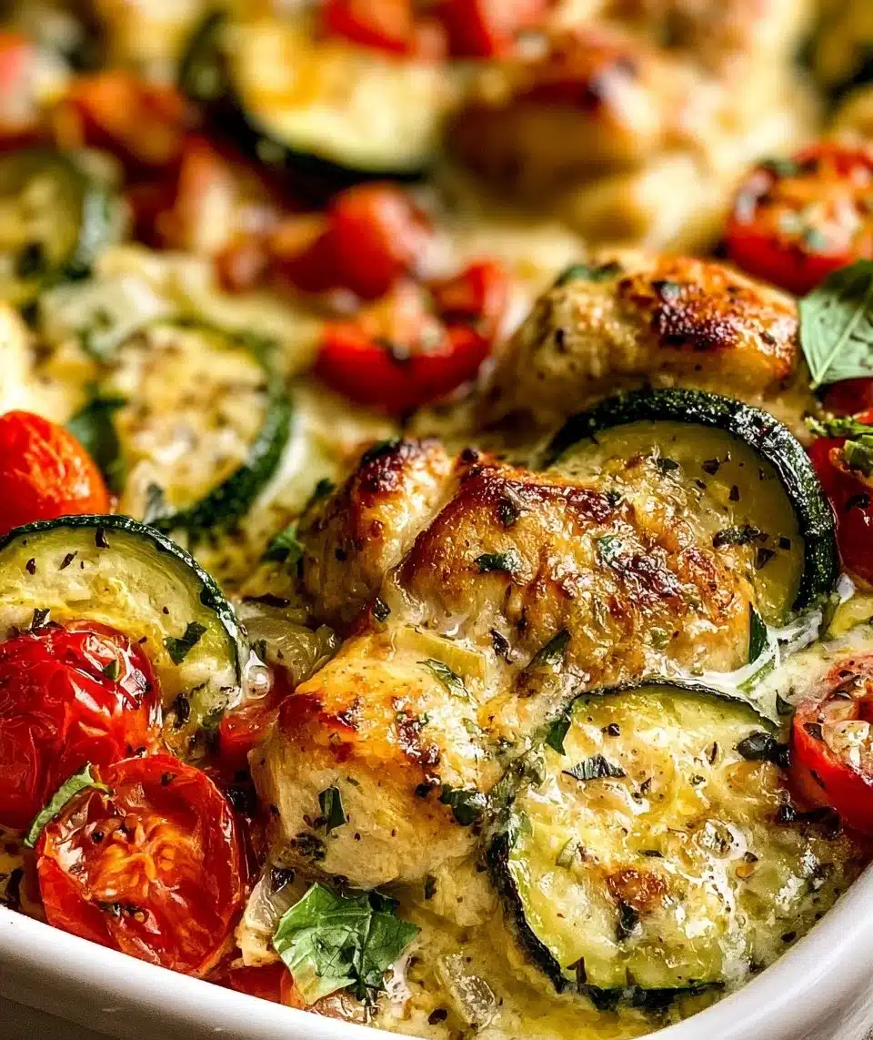 Delicious Chicken Zucchini Bake served on a plate with fresh herbs