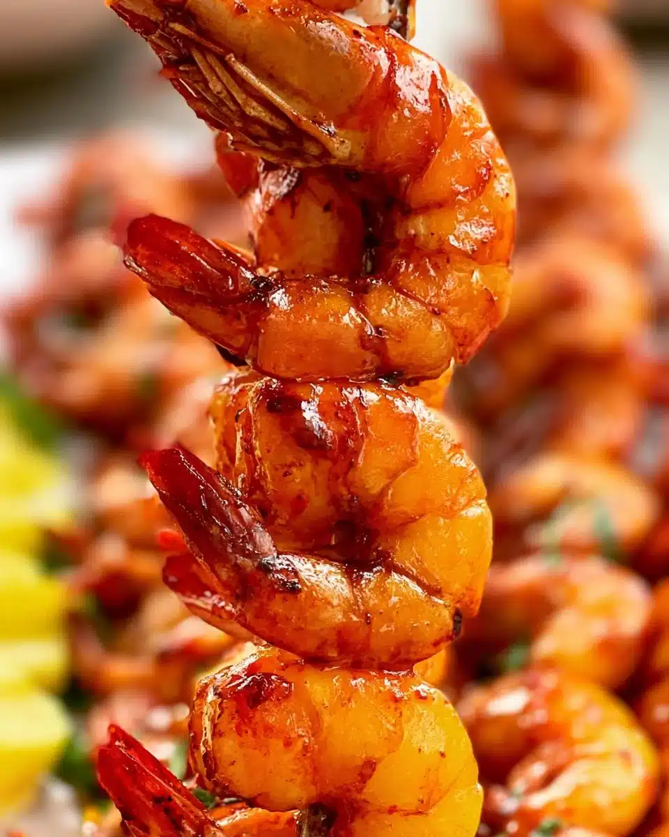 Chipotle honey grilled shrimp skewers with colorful vegetables on a grill