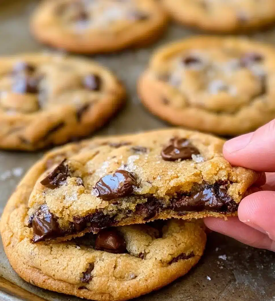 Freshly baked chocolate chip cookies on a cooling rack.