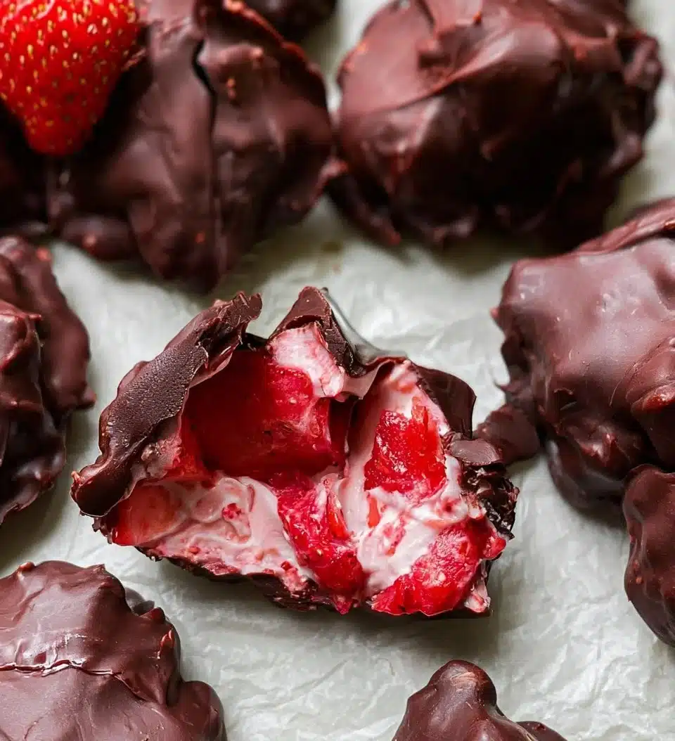 Chocolate covered strawberry yogurt clusters on a white plate
