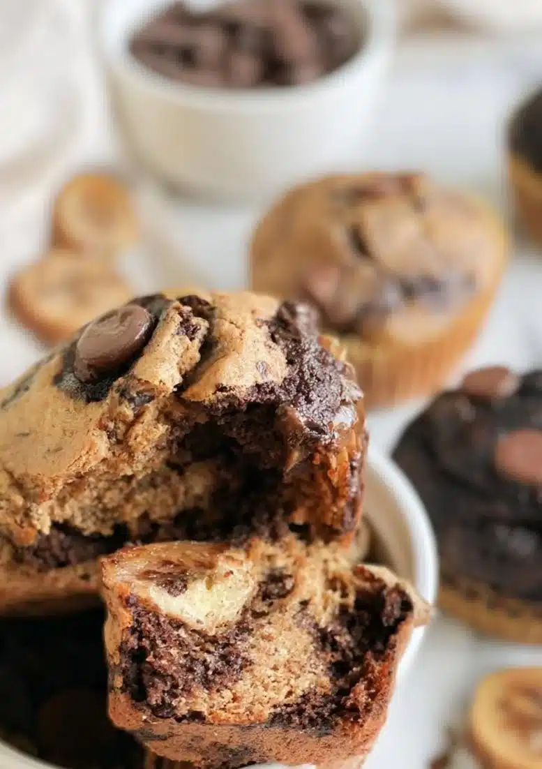 Delicious Chocolate Peanut Butter Banana Muffins on a plate