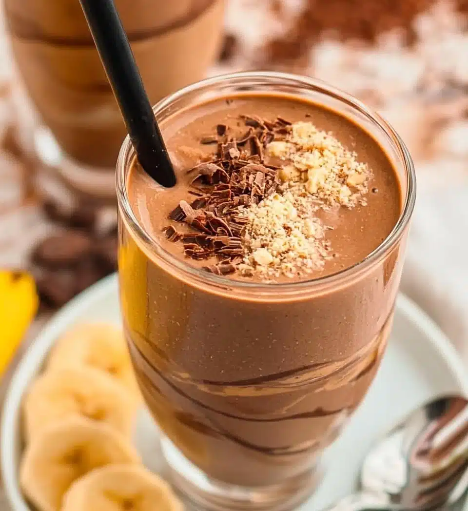 Delicious Chocolate Peanut Butter Banana Smoothie in a glass with banana slices