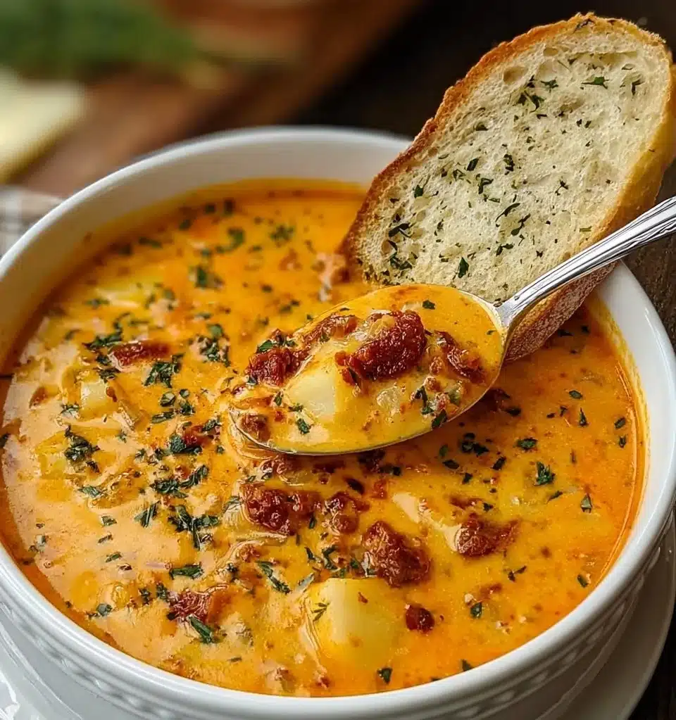 Bowl of hearty chorizo potato soup garnished with fresh herbs