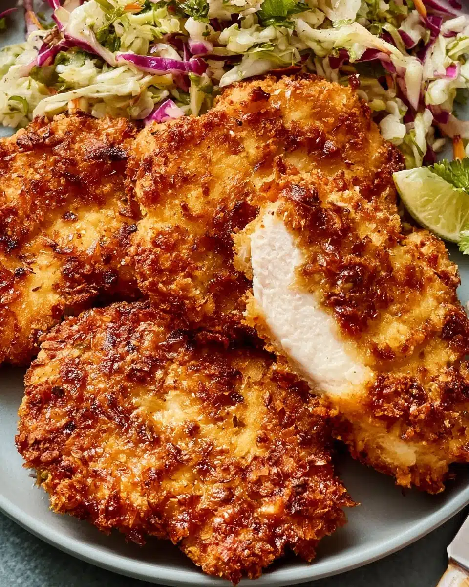 Delicious coconut chicken served with fresh herbs and lime garnishes.