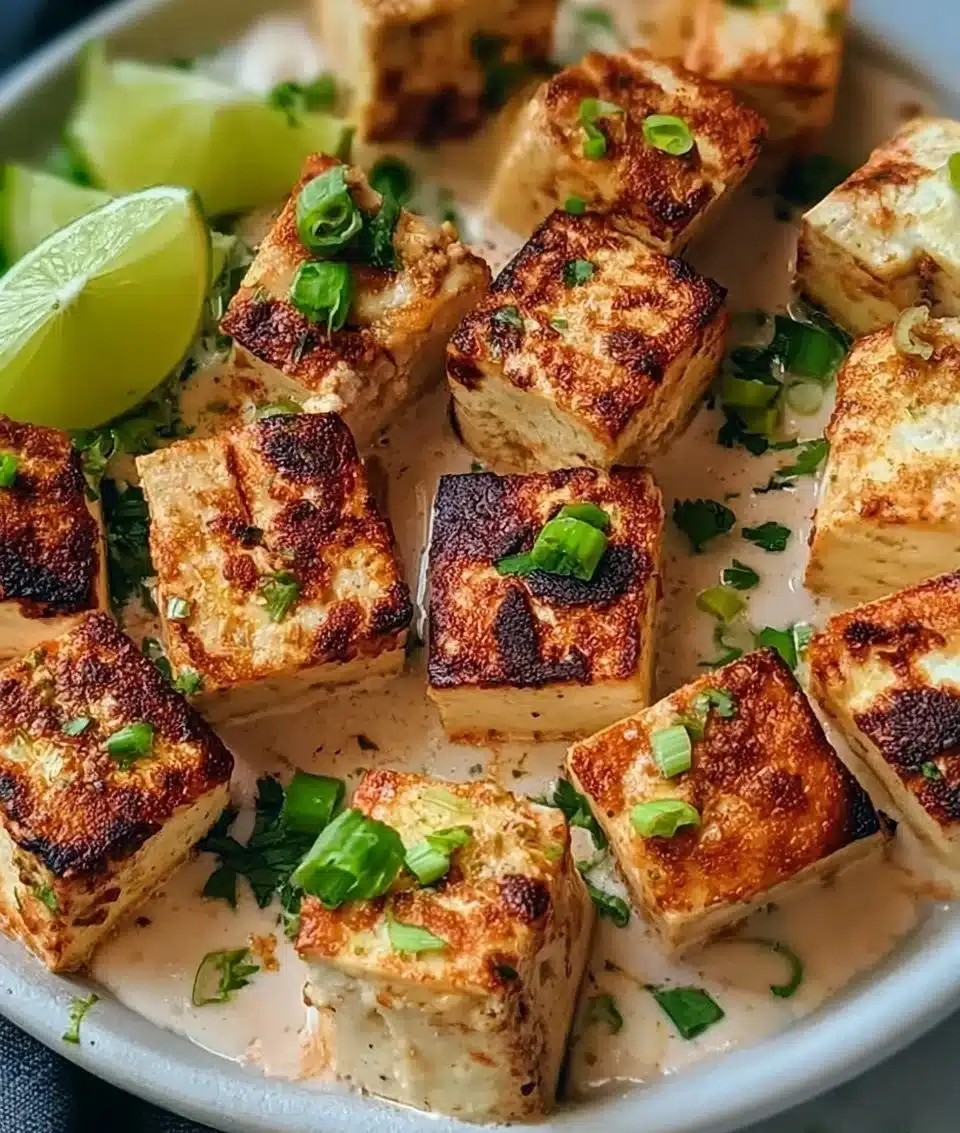 Plate of Coconut Lime Tofu garnished with lime and herbs