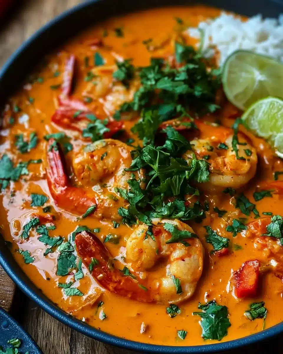 Delicious bowl of coconut shrimp curry garnished with herbs