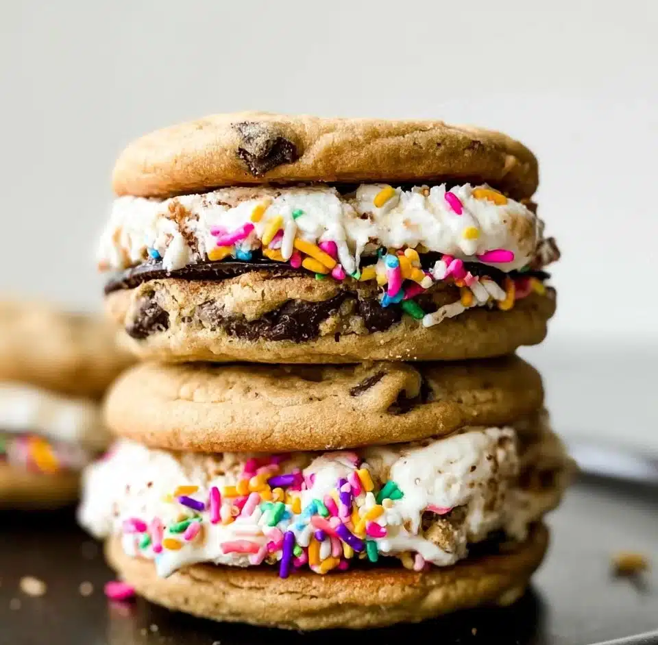 Homemade cookie ice cream sandwiches with chocolate and vanilla ice cream