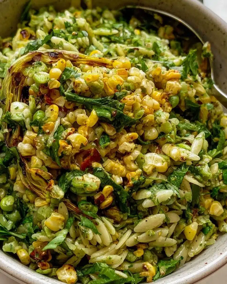 Delicious Corn Orzo Salad with fresh vegetables and dressing