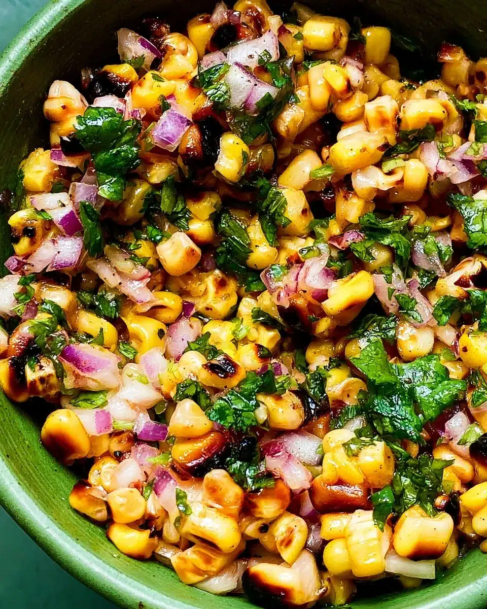 Bowl of colorful corn salsa with diced vegetables and herbs