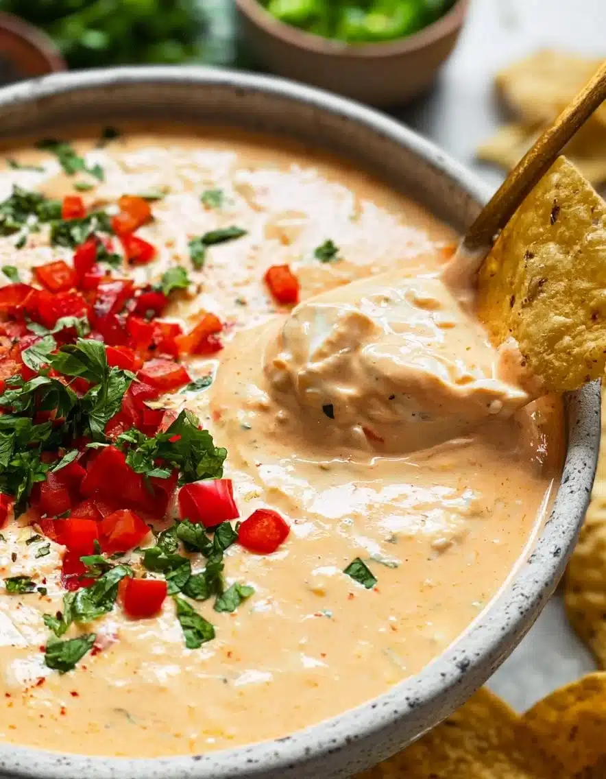 Delicious cottage cheese queso dip served in a bowl with tortilla chips.
