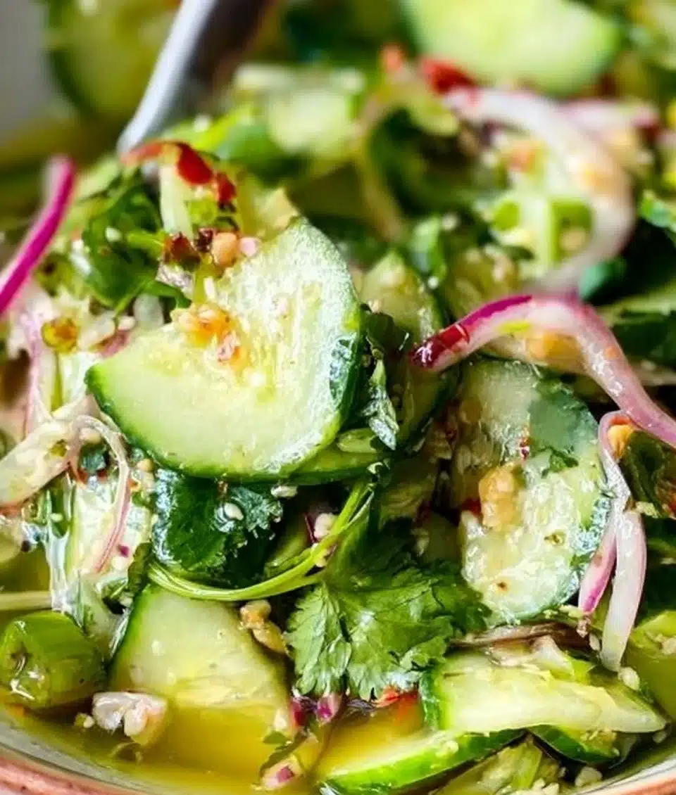 Fresh cucumber salad served in a bowl with garnishes