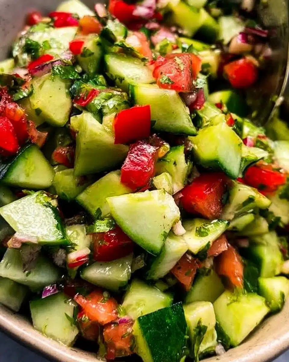 Delicious Cucumber Salsa in a bowl with colorful vegetables