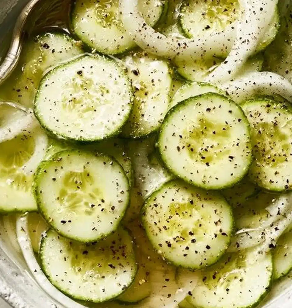 Delicious Cucumber Salad with vinegar dressing and fresh vegetables