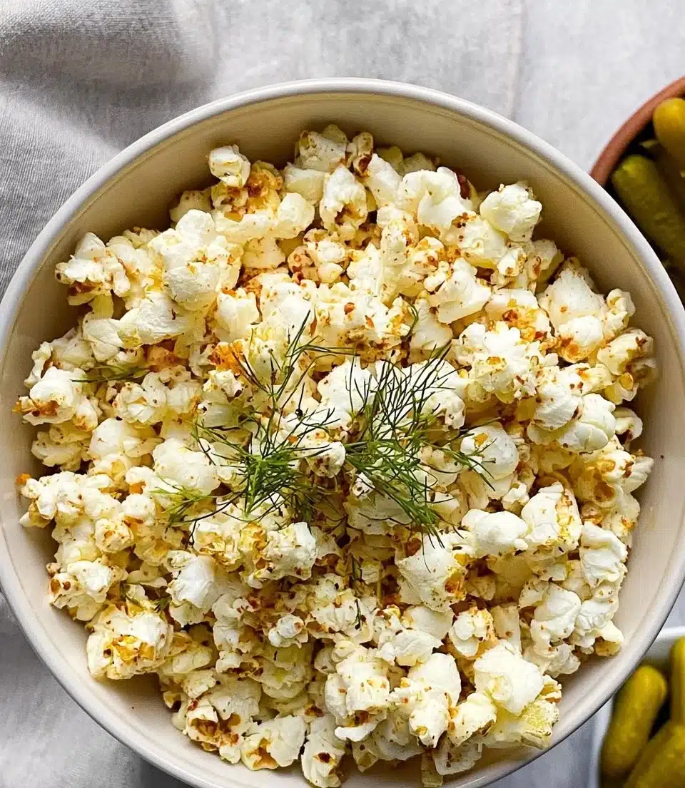 A bowl of dill pickle popcorn showcasing its bright green color and crunchy texture.