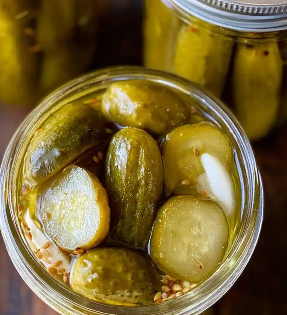 A jar filled with homemade dill pickles on a wooden table.