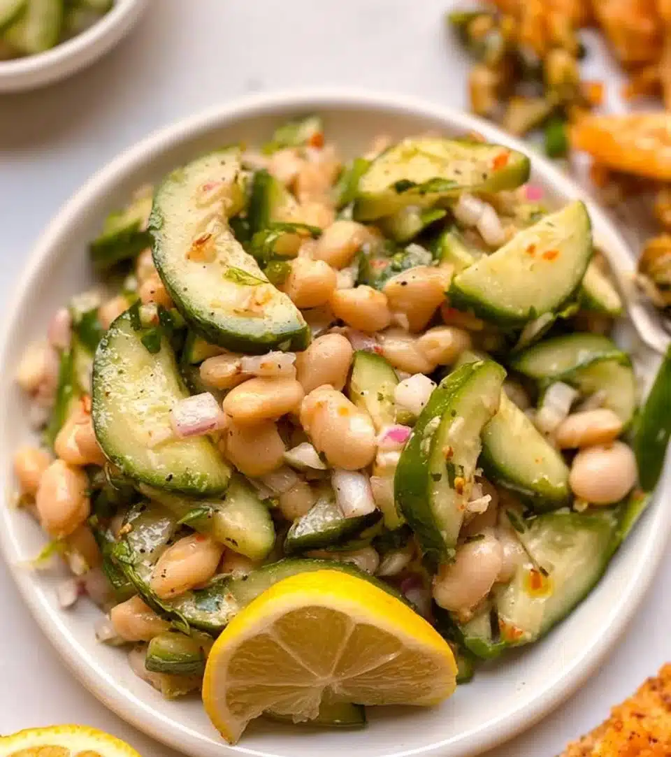 Dilly White Bean Cucumber Salad with fresh ingredients in a bowl