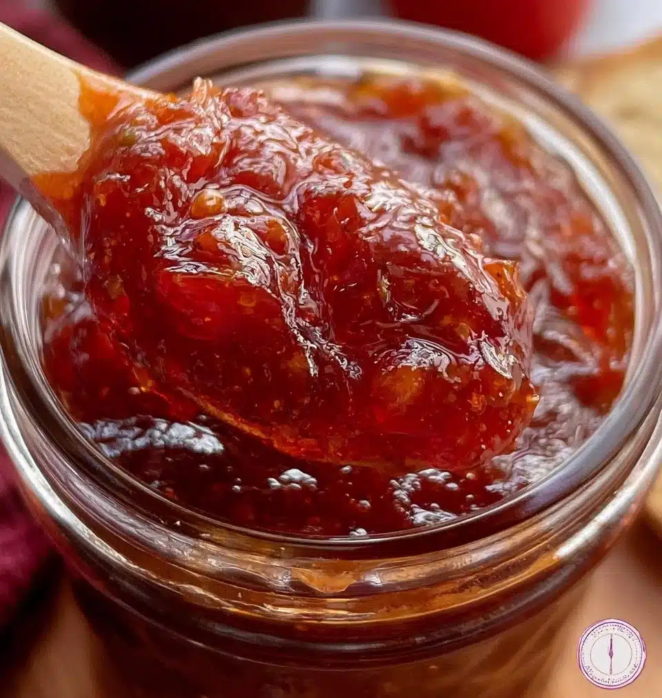 Homemade easy tomato jam in a jar with fresh tomatoes and herbs