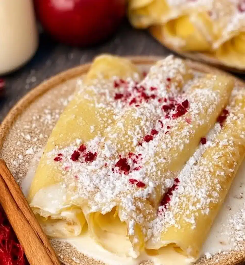 Deliciously filled Eggnog Crepes topped with festive decorations