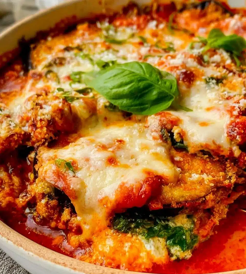 Delicious homemade Eggplant Parmesan baked with cheese and marinara sauce