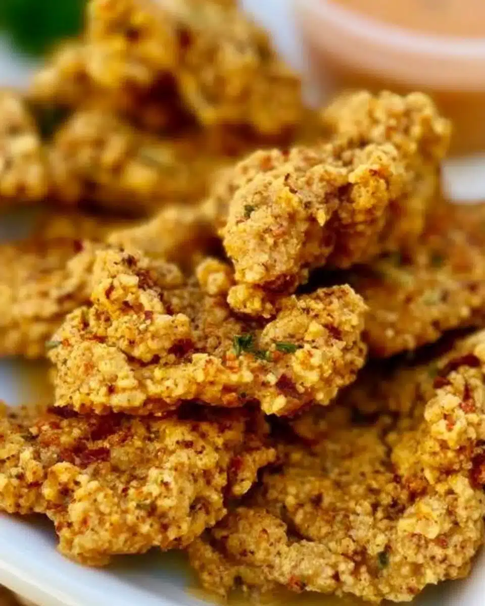 Crispy fried chicken served with dipping sauce on a wooden plate.