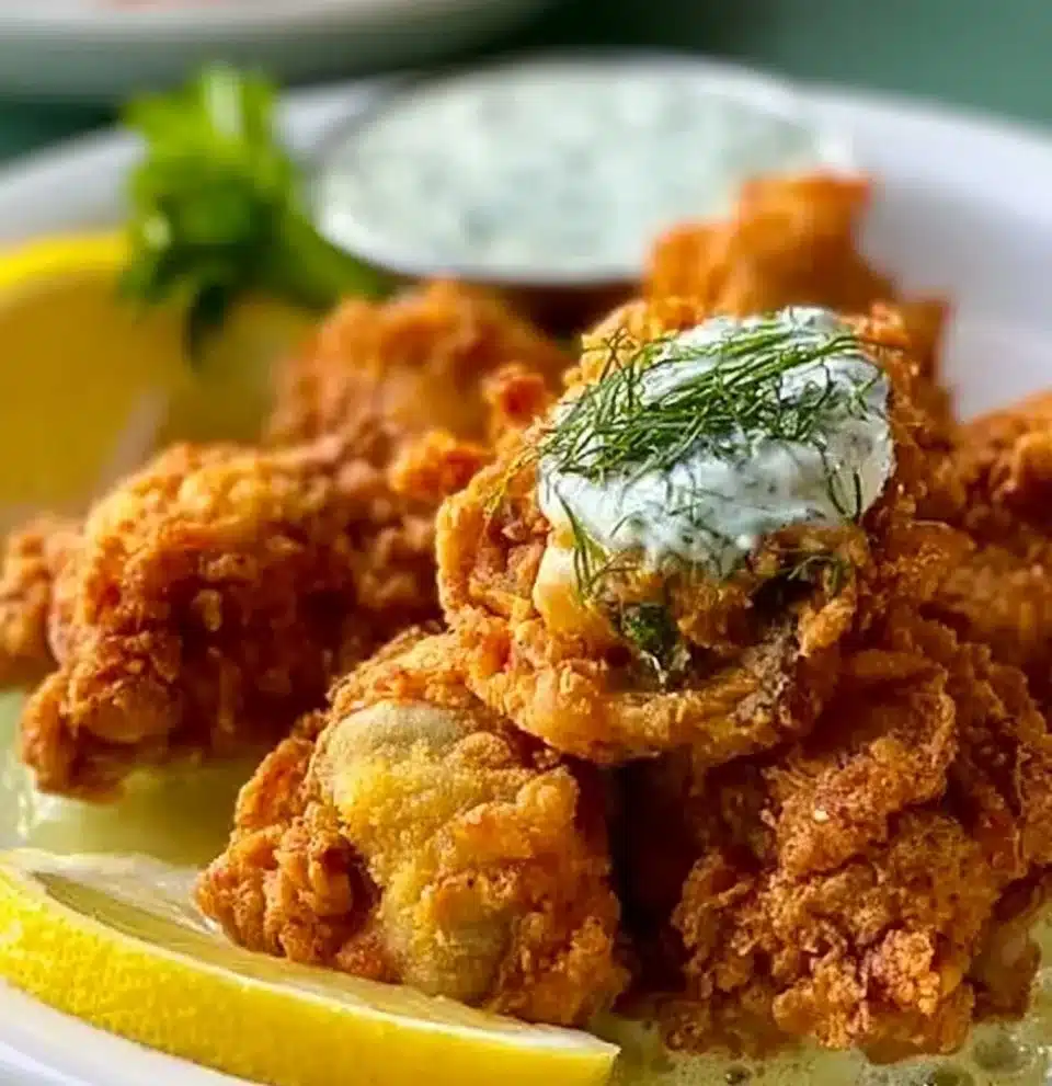 Deliciously crispy fried oysters served with lemon and dipping sauce.