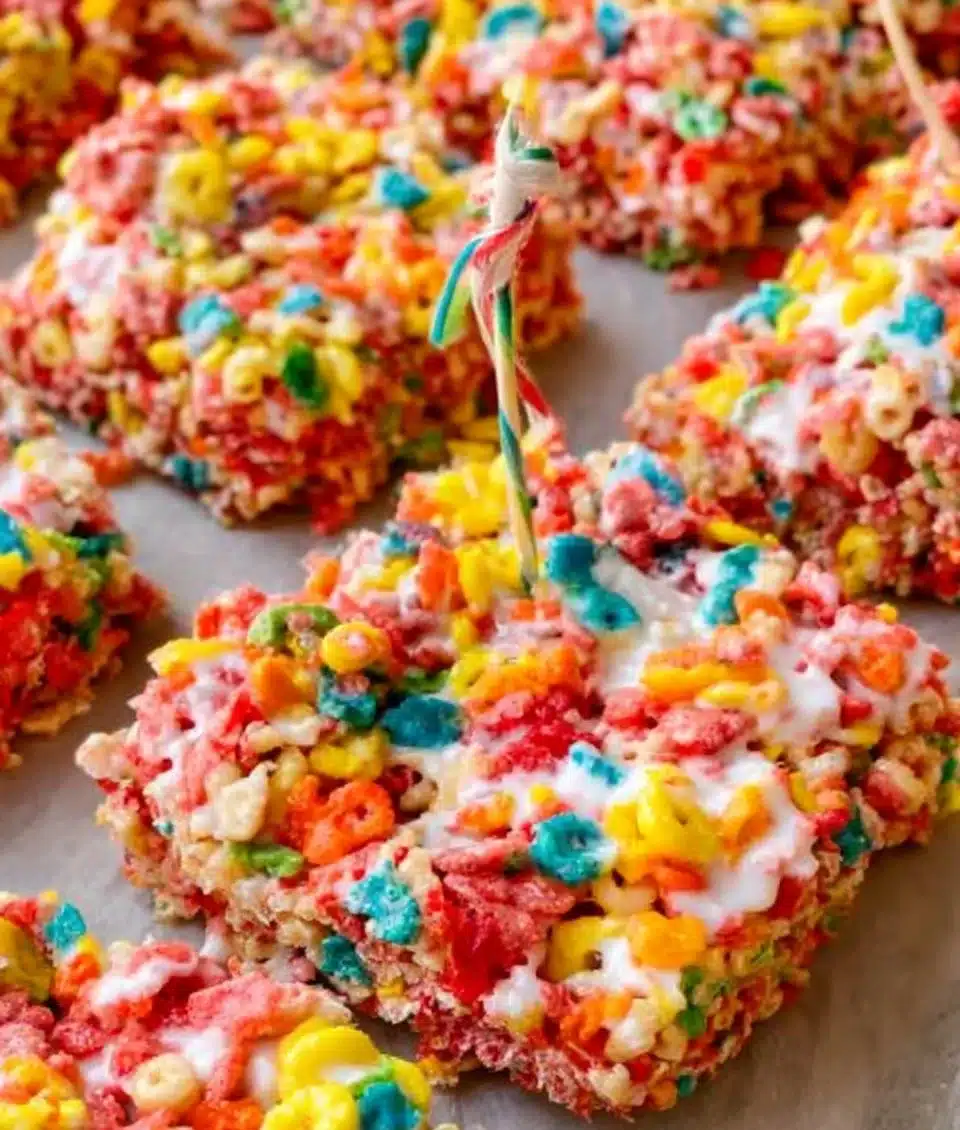 Delicious Fruity Pebbles Rice Krispie Treats stacked on a plate